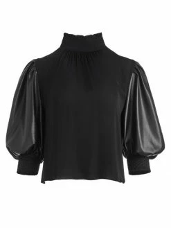 Alice + Olivia Carmina Faux Leather Puff-Sleeves Top
