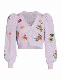 Alice + Olivia Morita Puff-Sleeve Cropped Cardigan