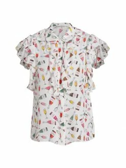 Alice + Olivia Robbie Ruffle-Shoulder Silk Blouse
